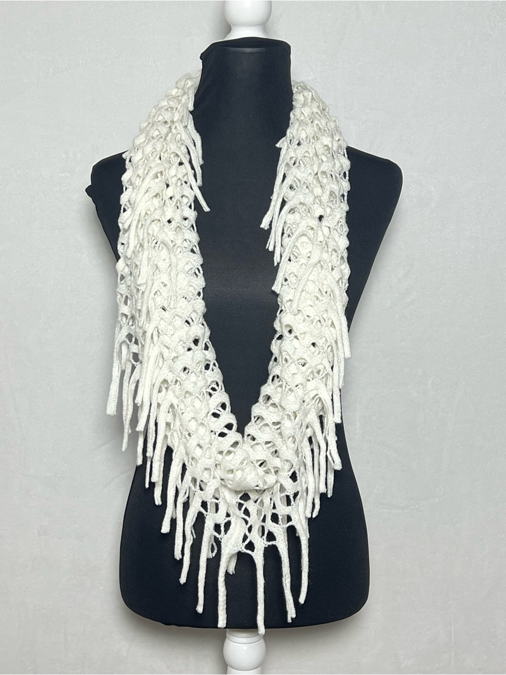 White Crochet Fringe Infinity Scarf